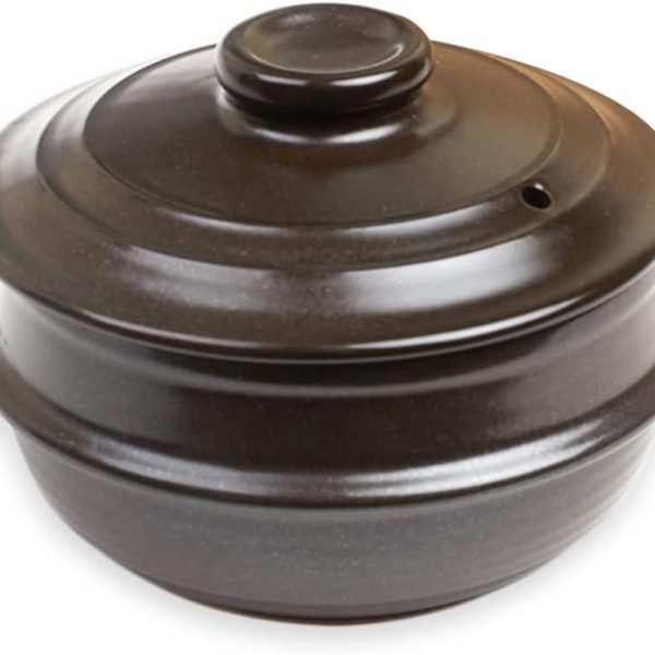 Korean stone bowl with lid, ceramic construction for traditional Korean cooking.