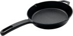 Pre-seasoned cast iron skillet with excellent heat retention, suitable for grilling, BBQ, and camping.
