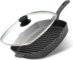 Square cast iron grill pan with tempered glass lid, heavy-duty for steak and bacon, stovetop compatible.
