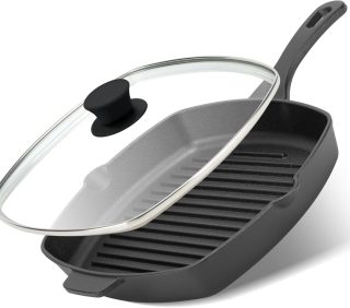 Square cast iron grill pan with tempered glass lid, heavy-duty for steak and bacon, stovetop compatible.