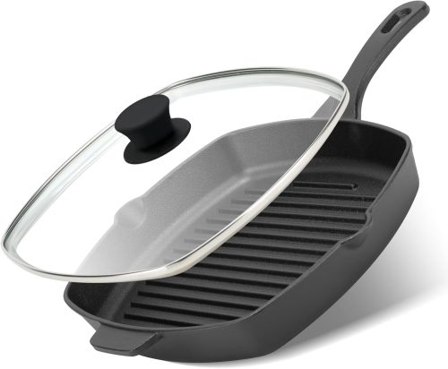 Square cast iron grill pan with tempered glass lid, heavy-duty for steak and bacon, stovetop compatible.