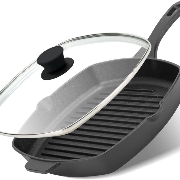 Square cast iron grill pan with tempered glass lid, heavy-duty for steak and bacon, stovetop compatible.