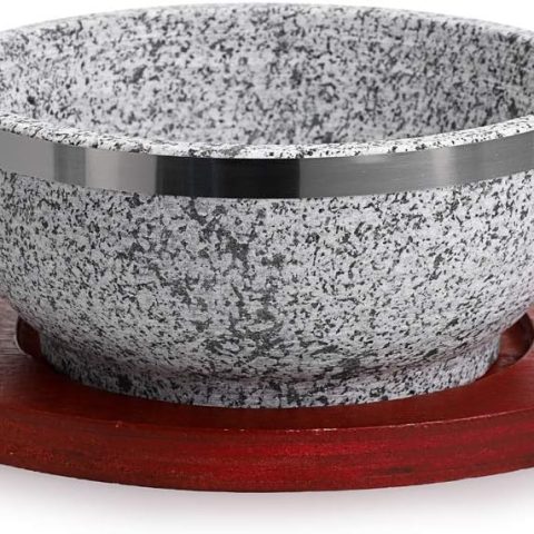 Granite stone bowl with wood base, 32 oz capacity for Korean soup and rice.