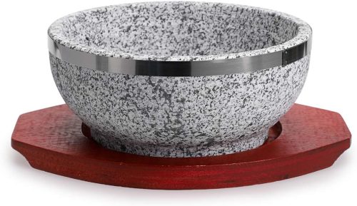 Granite stone bowl with wood base, 32 oz capacity for Korean soup and rice.