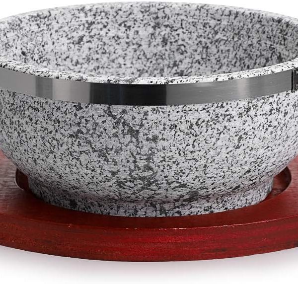 Granite stone bowl with wood base, 32 oz capacity for Korean soup and rice.