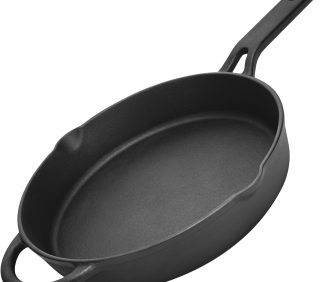 Pre-seasoned heavy-duty cast iron skillet with superior heat retention, suitable for stovetop, oven, grill, and campfire.