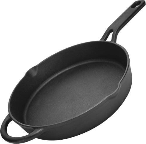 Pre-seasoned heavy-duty cast iron skillet with superior heat retention, suitable for stovetop, oven, grill, and campfire.