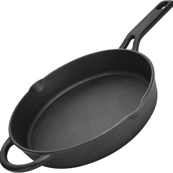Pre-seasoned heavy-duty cast iron skillet with superior heat retention, suitable for stovetop, oven, grill, and campfire.