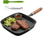Cast iron grill pan with kitchen tong and brush, 9-inch size for steak searing.