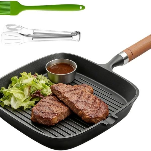 Cast iron grill pan with kitchen tong and brush, 9-inch size for steak searing.