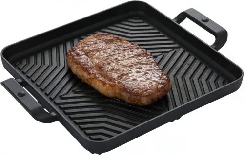 Cast iron grill pan for steak, 10-inch size.