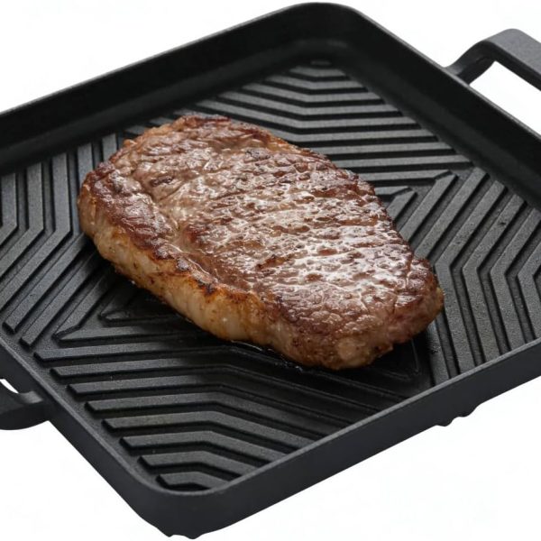 Cast iron grill pan for steak, 10-inch size.