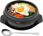 Korean stone pot set with tray and spoon, ceramic bowl for bibimbap and soup, 37 oz capacity.