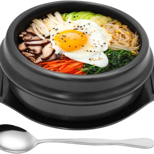 Korean stone pot set with tray and spoon, ceramic bowl for bibimbap and soup, 37 oz capacity.