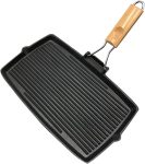 Rectangular cast iron BBQ grill pan with striped surface, uncoated non-stick design for outdoor cooking.