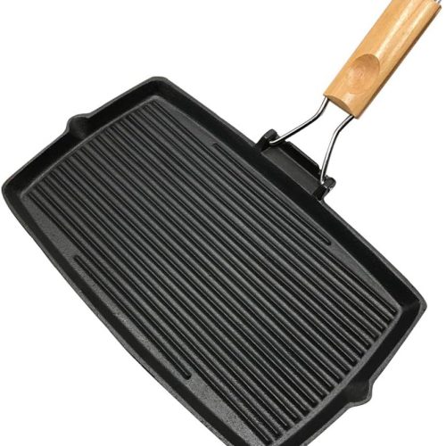 Rectangular cast iron BBQ grill pan with striped surface, uncoated non-stick design for outdoor cooking.