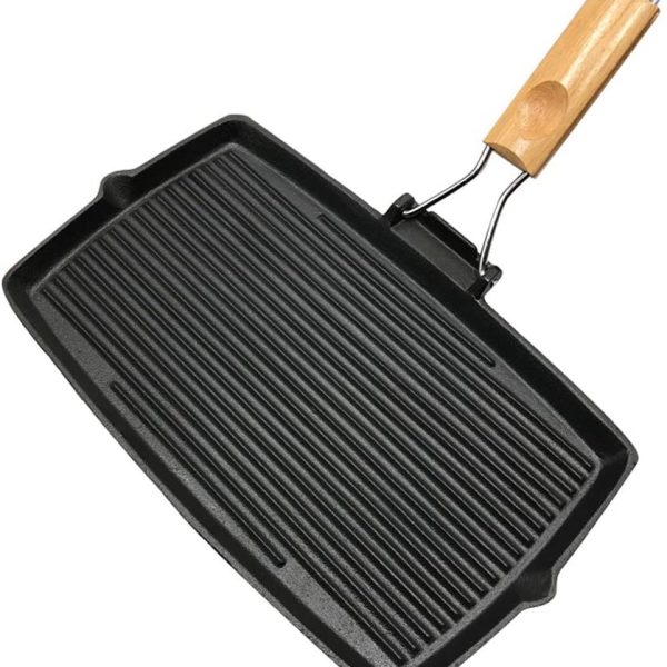 Rectangular cast iron BBQ grill pan with striped surface, uncoated non-stick design for outdoor cooking.