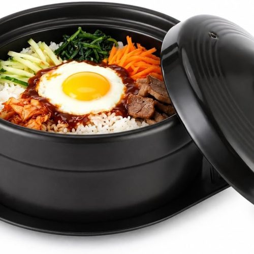 Deep Korean stone pot with lid and platter, 60 oz ceramic for soups and stews.