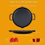 Cast iron grill pan with dual handles, pre-seasoned heavy-duty construction, suitable for stovetop, oven, and BBQ.