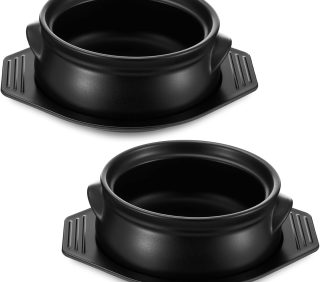 Korean clay cooking pot set with tray, 38 oz ceramic sizzling hot pot for stews and noodles.