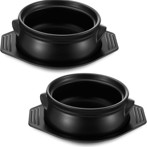 Korean clay cooking pot set with tray, 38 oz ceramic sizzling hot pot for stews and noodles.