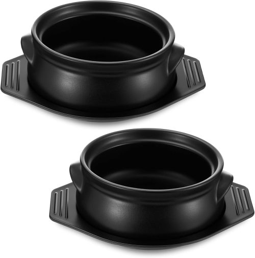 Korean clay cooking pot set with tray, 38 oz ceramic sizzling hot pot for stews and noodles.