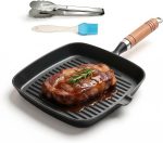 Cast iron grill pan with pour spout, 8.6-inch size for searing steak.