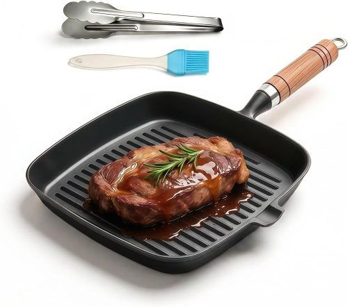 Cast iron grill pan with pour spout, 8.6-inch size for searing steak.