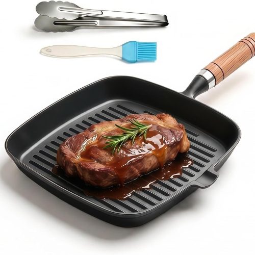 Cast iron grill pan with pour spout, 8.6-inch size for searing steak.