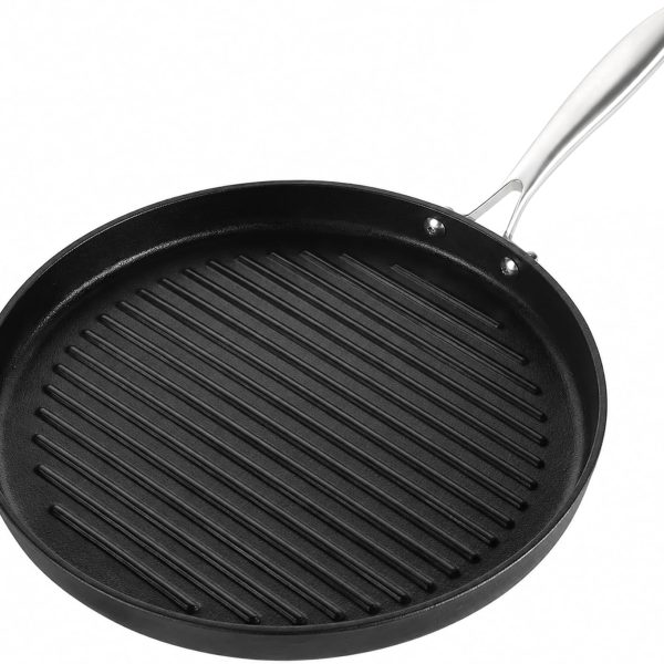 Round cast iron grill pan with stainless steel handle, pre-seasoned ribbed surface for steak and burgers.