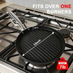 Round cast iron grill pan with stainless steel handle, pre-seasoned ribbed surface for steak and burgers.