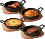 Mini cast iron skillet set with iron handles and wooden trays, 6.4-inch size, oven safe for indoor and outdoor use.