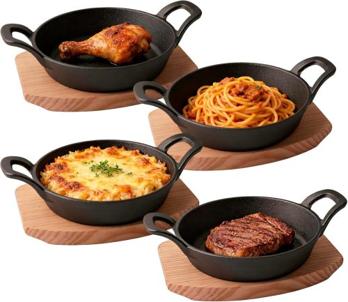 Mini cast iron skillet set with iron handles and wooden trays, 6.4-inch size, oven safe for indoor and outdoor use.