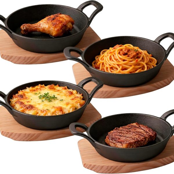 Mini cast iron skillet set with iron handles and wooden trays, 6.4-inch size, oven safe for indoor and outdoor use.