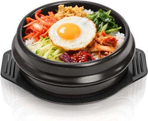 Korean stone bowl with ceramic construction, 37 oz capacity, suitable for bibimbap and hot pot dishes.