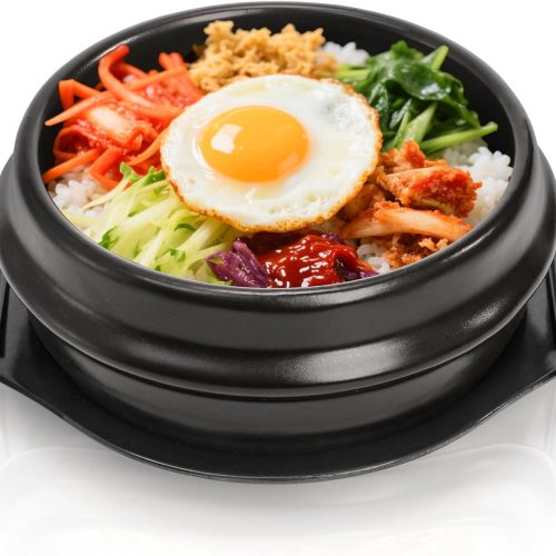 Korean stone bowl with ceramic construction, 37 oz capacity, suitable for bibimbap and hot pot dishes.