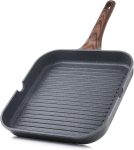 Nonstick grill pan with pour spouts, square cooking surface, PFOA-free, suitable for indoor and outdoor grilling.