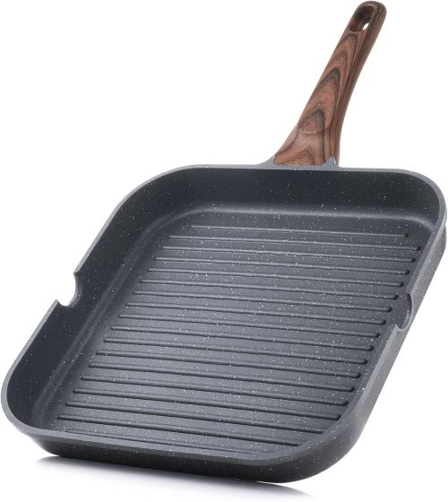 Nonstick grill pan with pour spouts, square cooking surface, PFOA-free, suitable for indoor and outdoor grilling.