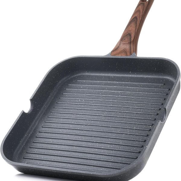 Nonstick grill pan with pour spouts, square cooking surface, PFOA-free, suitable for indoor and outdoor grilling.