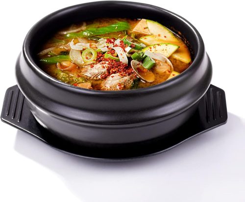 Korean stone bowl with tray, 37.1 oz capacity, dishwasher and microwave safe.