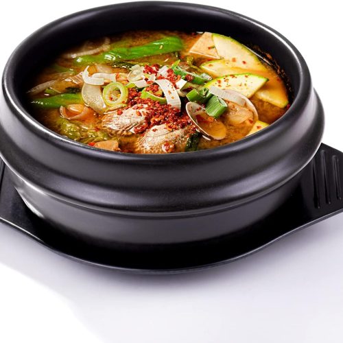 Korean stone bowl with tray, 37.1 oz capacity, dishwasher and microwave safe.