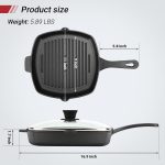 Square cast iron grill pan with tempered glass lid, heavy-duty for steak and bacon, stovetop compatible.