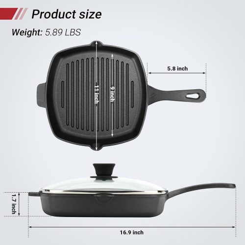 Square cast iron grill pan with tempered glass lid, heavy-duty for steak and bacon, stovetop compatible.