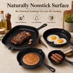 Cast iron skillet set with nonstick pre-seasoned surface, heavy-duty cookware for low-oil cooking.