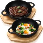 Mini cast iron skillet set with wooden base, small plates for fajitas and hot steak dishes, 9.45-inch size.
