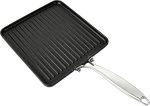 Square cast iron grill pan with stainless steel handle, pre-seasoned ridged surface, suitable for indoor and outdoor BBQ.
