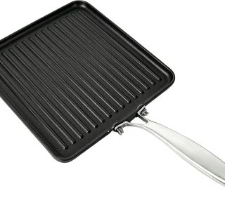 Square cast iron grill pan with stainless steel handle, pre-seasoned ridged surface, suitable for indoor and outdoor BBQ.