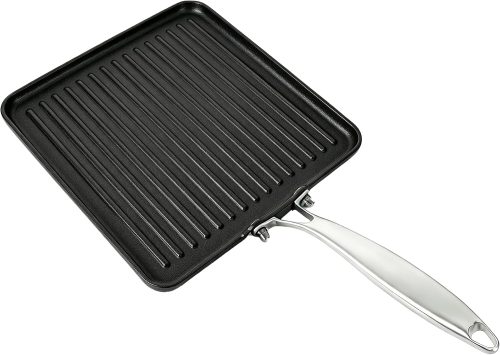Square cast iron grill pan with stainless steel handle, pre-seasoned ridged surface, suitable for indoor and outdoor BBQ.