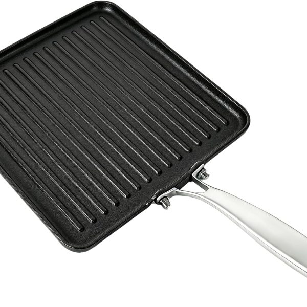 Square cast iron grill pan with stainless steel handle, pre-seasoned ridged surface, suitable for indoor and outdoor BBQ.