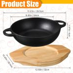 Mini cast iron skillet set with wooden base, small plates for fajitas and hot steak dishes, 9.45-inch size.